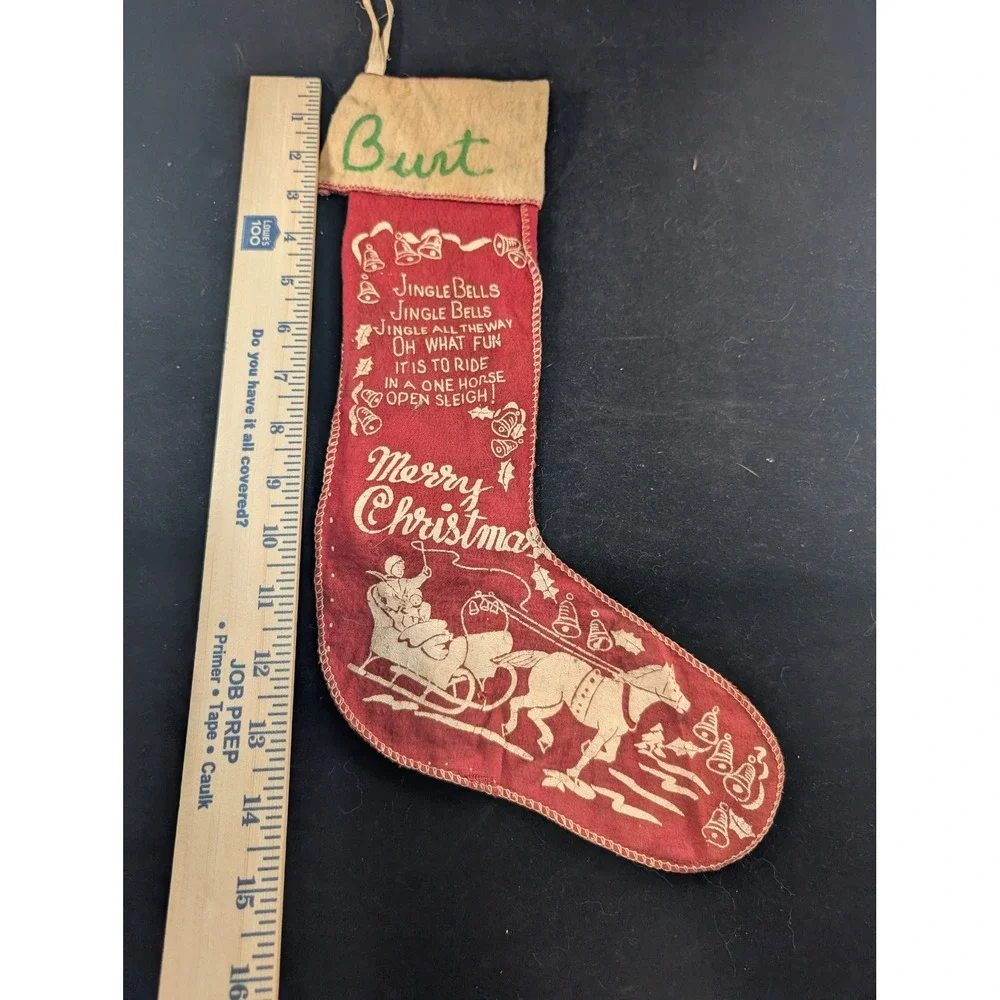 Vintage Jingle Bells Red Felt Christmas Stocking‎ Sleigh Burt Personalized 15